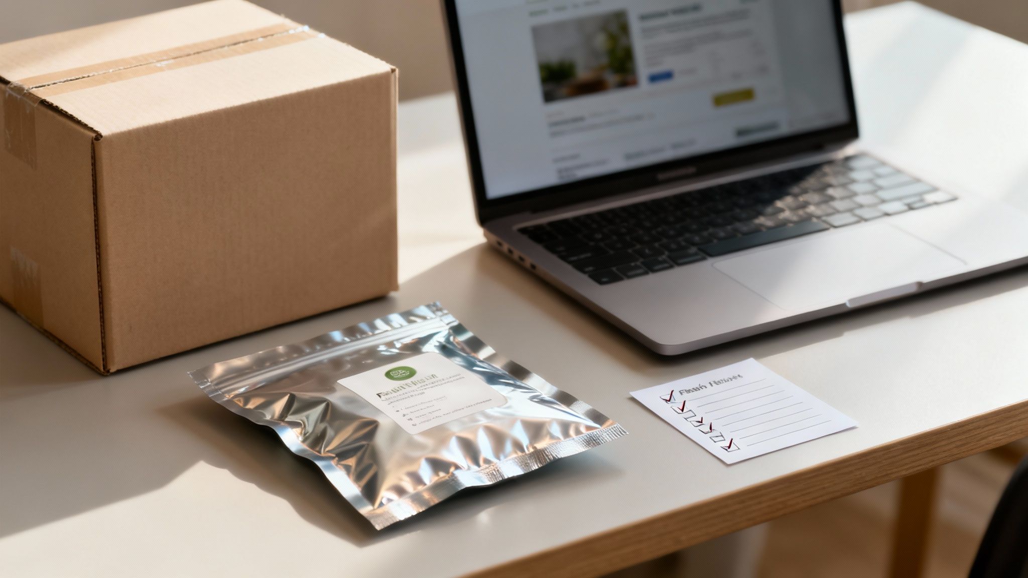 Eine Lieferung mit Karton, einem Produktbeutel, Laptop und einer Checkliste auf einem Schreibtisch.
