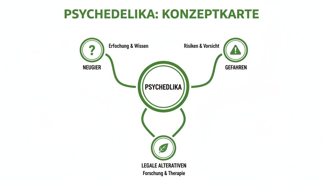 Konzeptkarte zu Psychedelika, die Neugier, Forschung, Risiken, Gefahren und legale Alternativen darstellt.