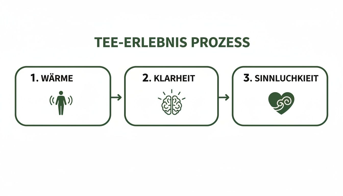 Infografik zum Tee-Erlebnis-Prozess, der Wärme, Klarheit und Sinnlichkeit durch Tee darstellt.