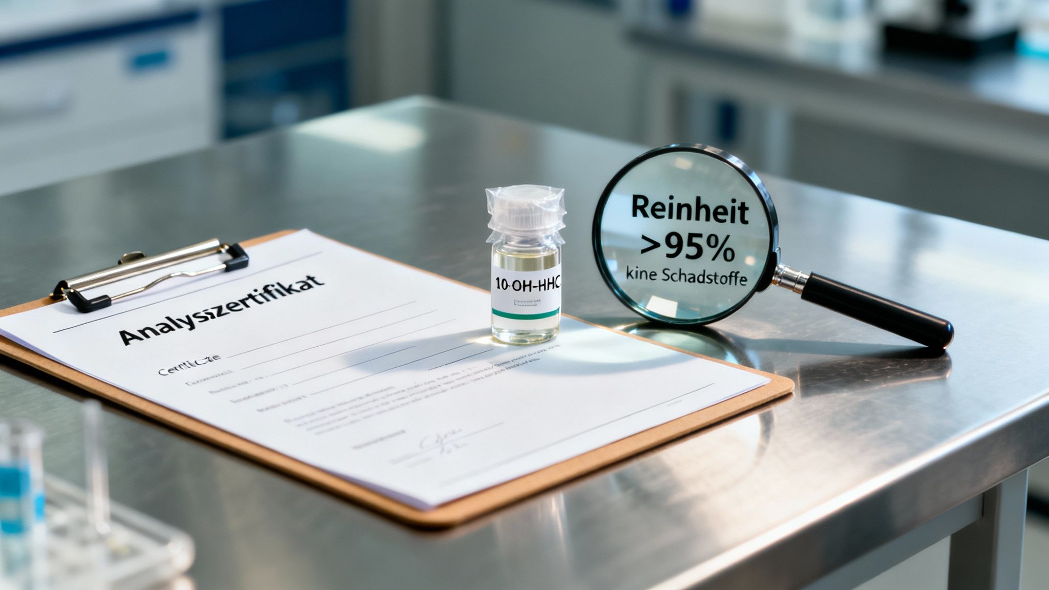 Analysenzertifikat, 10-OH-HHC Fläschchen und Lupe mit Reinheitsangabe in einem Labor.