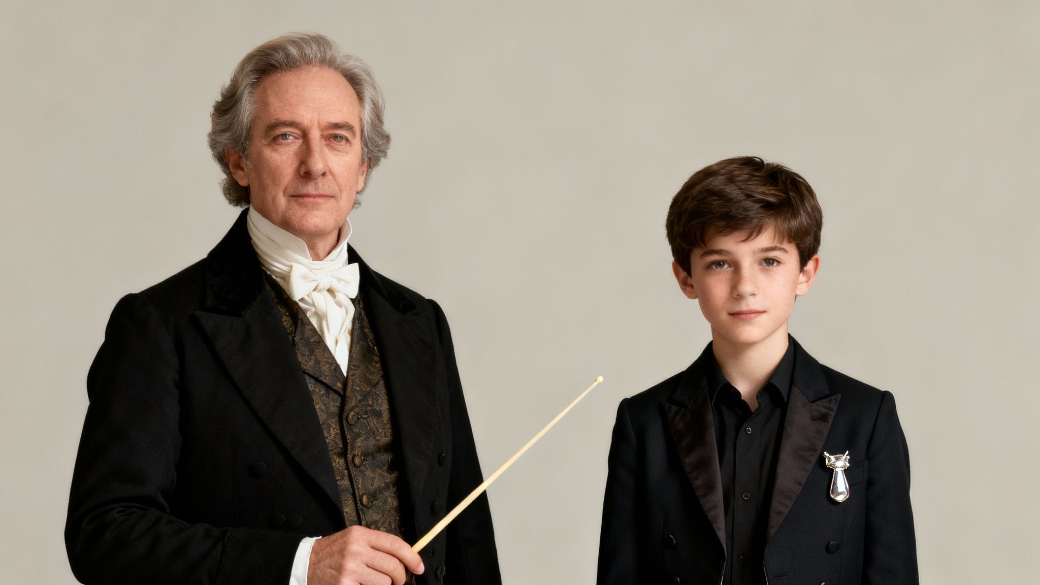Ein älterer Mann mit grauem Haar und ein Junge in formeller Kleidung, der Mann hält einen Taktstock.