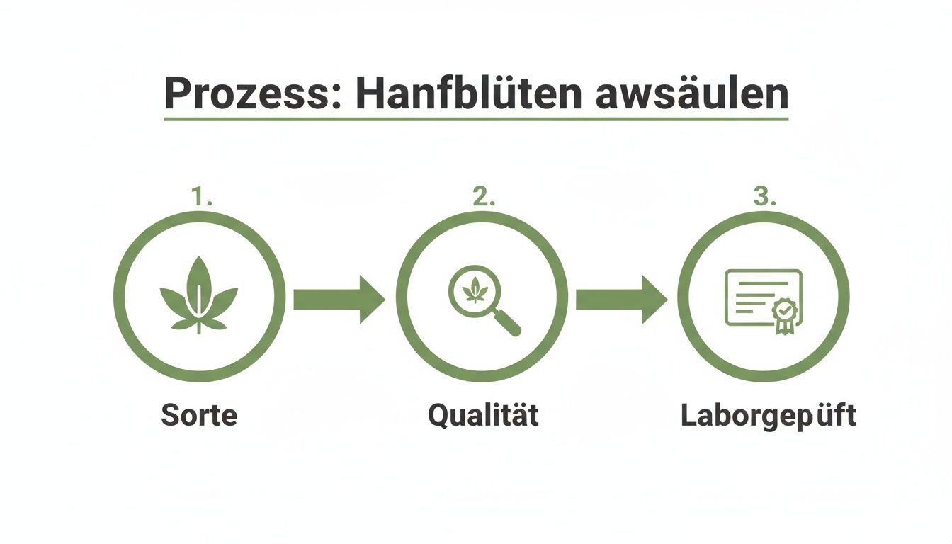 Infografik zeigt den dreistufigen Prozess der Hanfblütenauswahl: Sorte, Qualitätsprüfung und Laborprüfung.