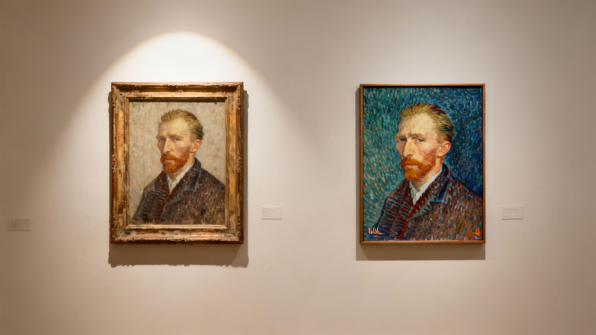 Zwei Selbstporträts von Van Gogh hängen nebeneinander an einer hellen Museumswand, beleuchtet von einem Scheinwerfer.