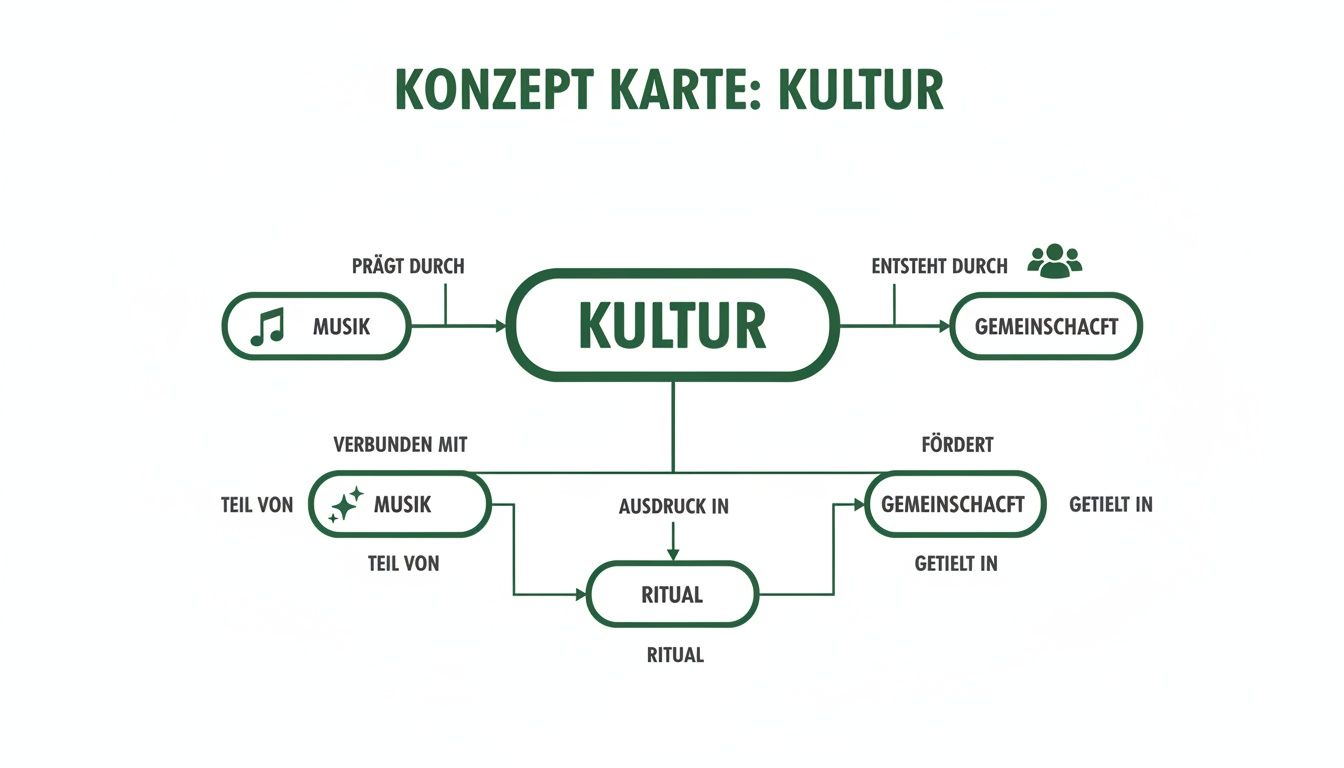 Konzeptkarte zur Kultur, die ihre Beziehungen zu Musik, Gemeinschaft und Ritualen darstellt und erklärt.