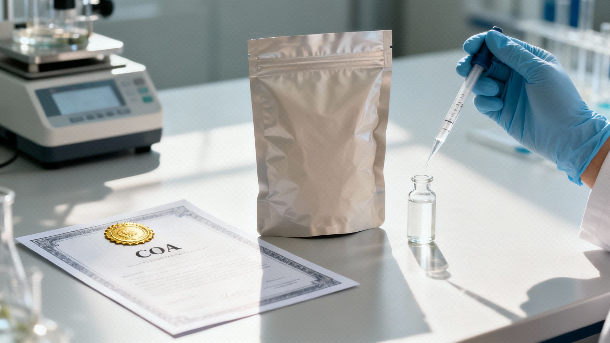 Person im Labor pipettiert Flüssigkeit in eine Phiole, daneben ein COA-Dokument und silberne Verpackung.