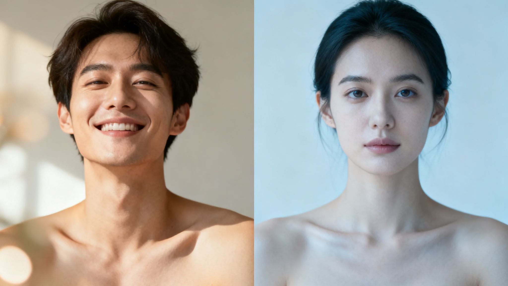 Ein lächelnder Mann und eine ernst blickende Frau, beide mit makelloser Haut, in separaten Porträts.