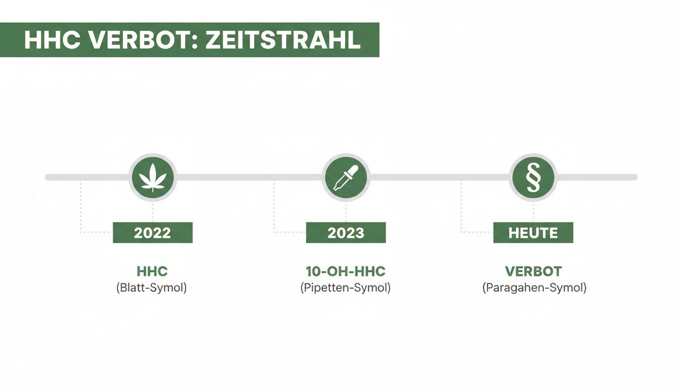 Detaillierte Zeitleiste zum HHC-Verbot, die die Entwicklung von HHC und 10-OH-HHC bis zum heutigen Verbot zeigt.