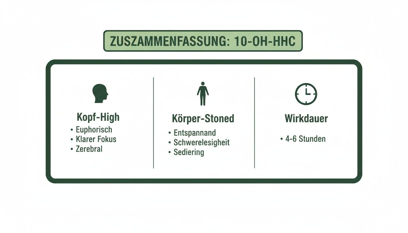 Infografik fasst die Effekte von 10-OH-HHC zusammen: Kopf-High, Körper-Stoned und Wirkdauer werden detailliert.