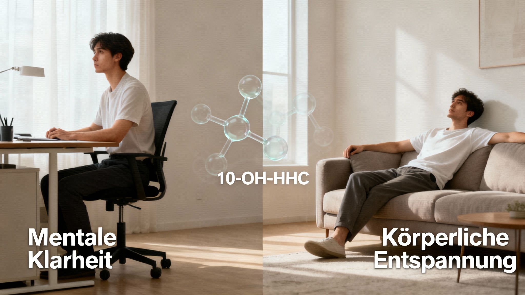 Mann am Schreibtisch für mentale Klarheit und entspannt auf dem Sofa für körperliche Entspannung, mit 10-OH-HHC.