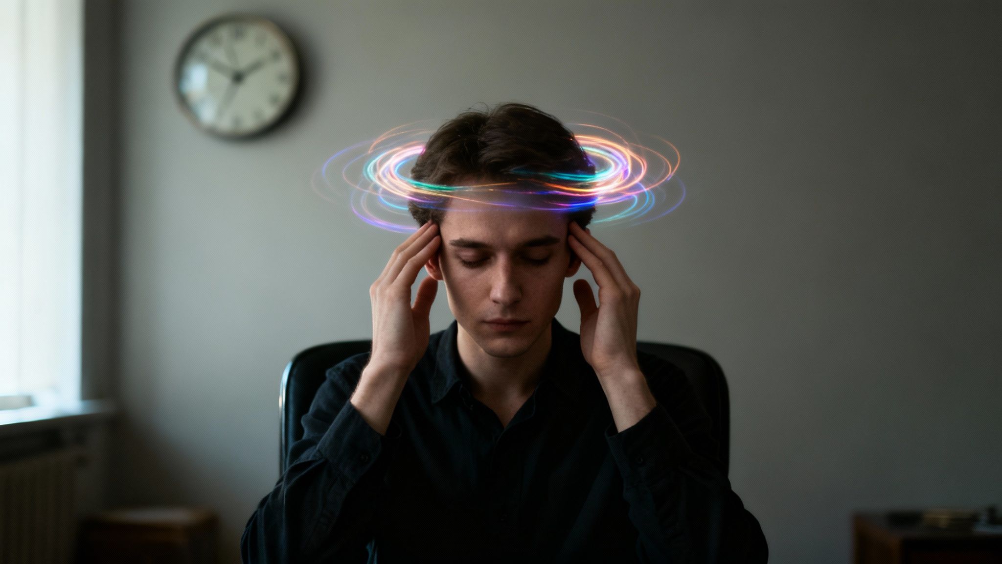 Junger Mann mit geschlossenen Augen hält seine Schläfen, während bunte, leuchtende Ringe um seinen Kopf schweben.