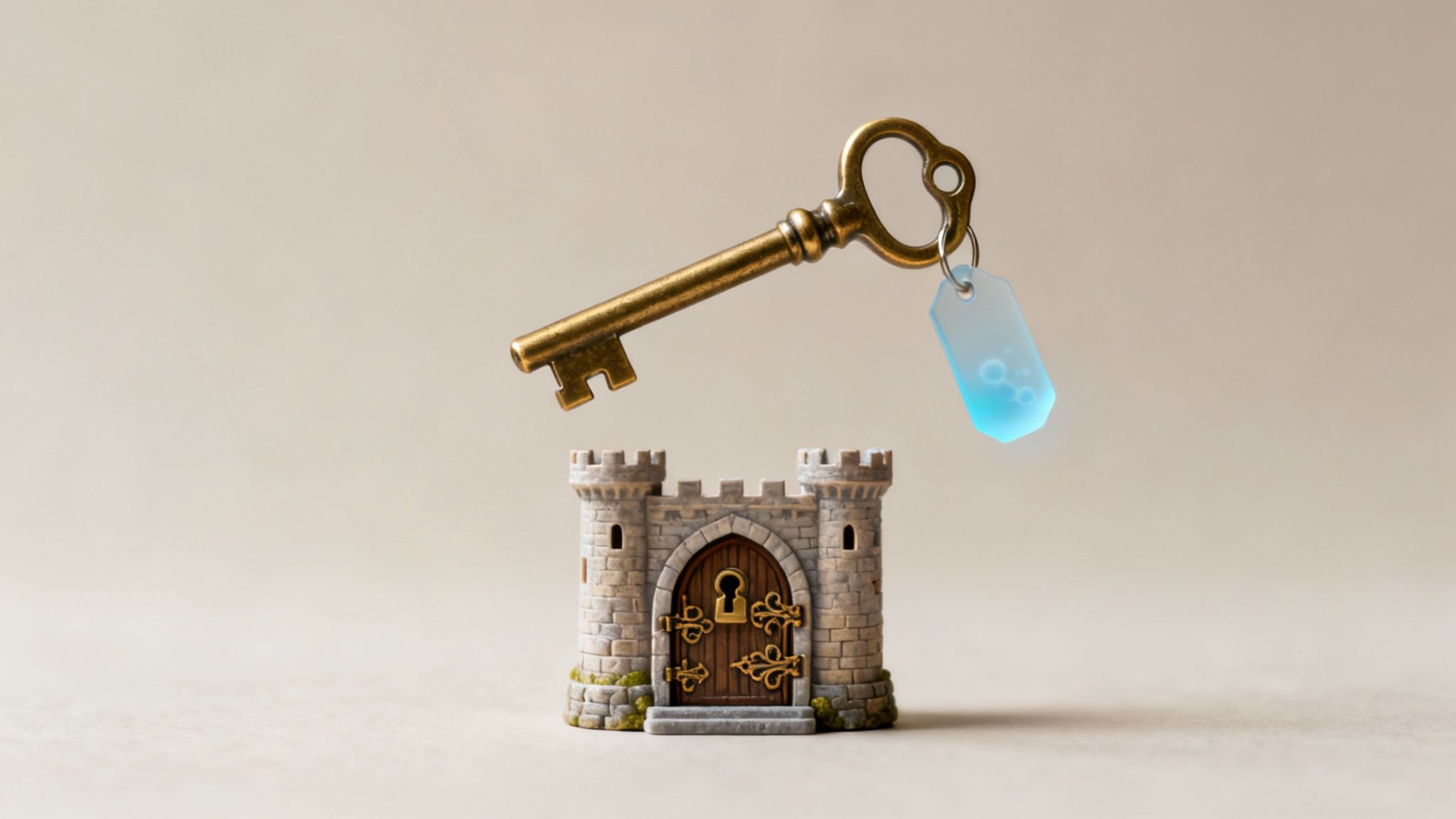 Ein goldener Schlüssel mit leuchtendem blauen Anhänger schwebt über einem kleinen Steinschlossmodell mit verschlossener Tür.