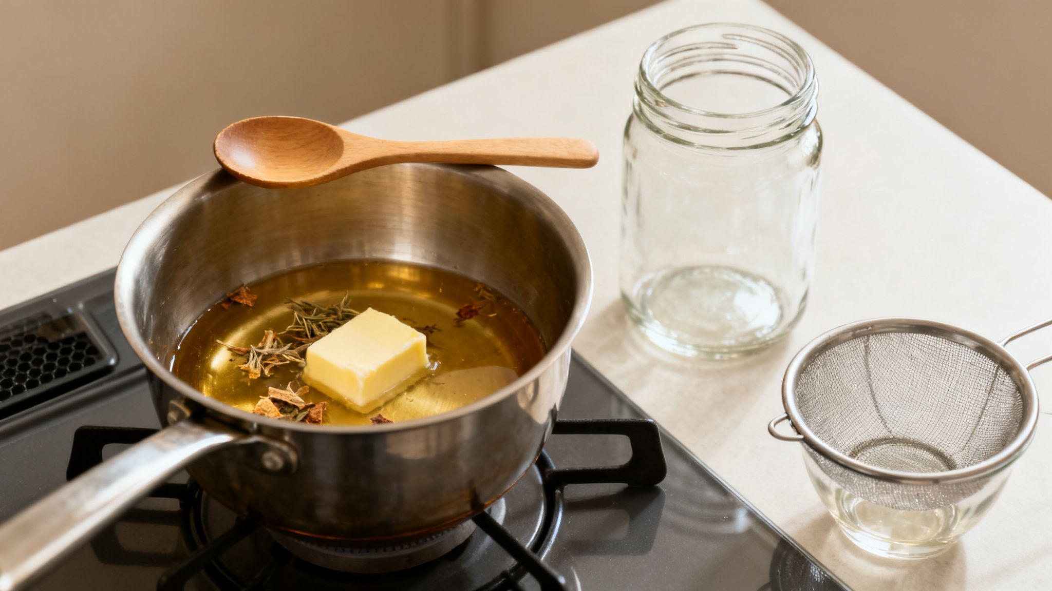 Ein Topf mit Butter, Öl und Kräutern auf dem Herd, daneben ein leeres Glas und Sieb.