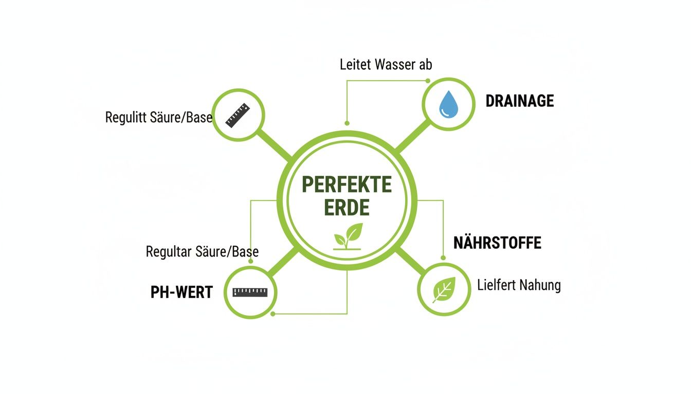 Infografik über perfekte Erde, die Wasser ableitet, Nährstoffe liefert und den pH-Wert reguliert.