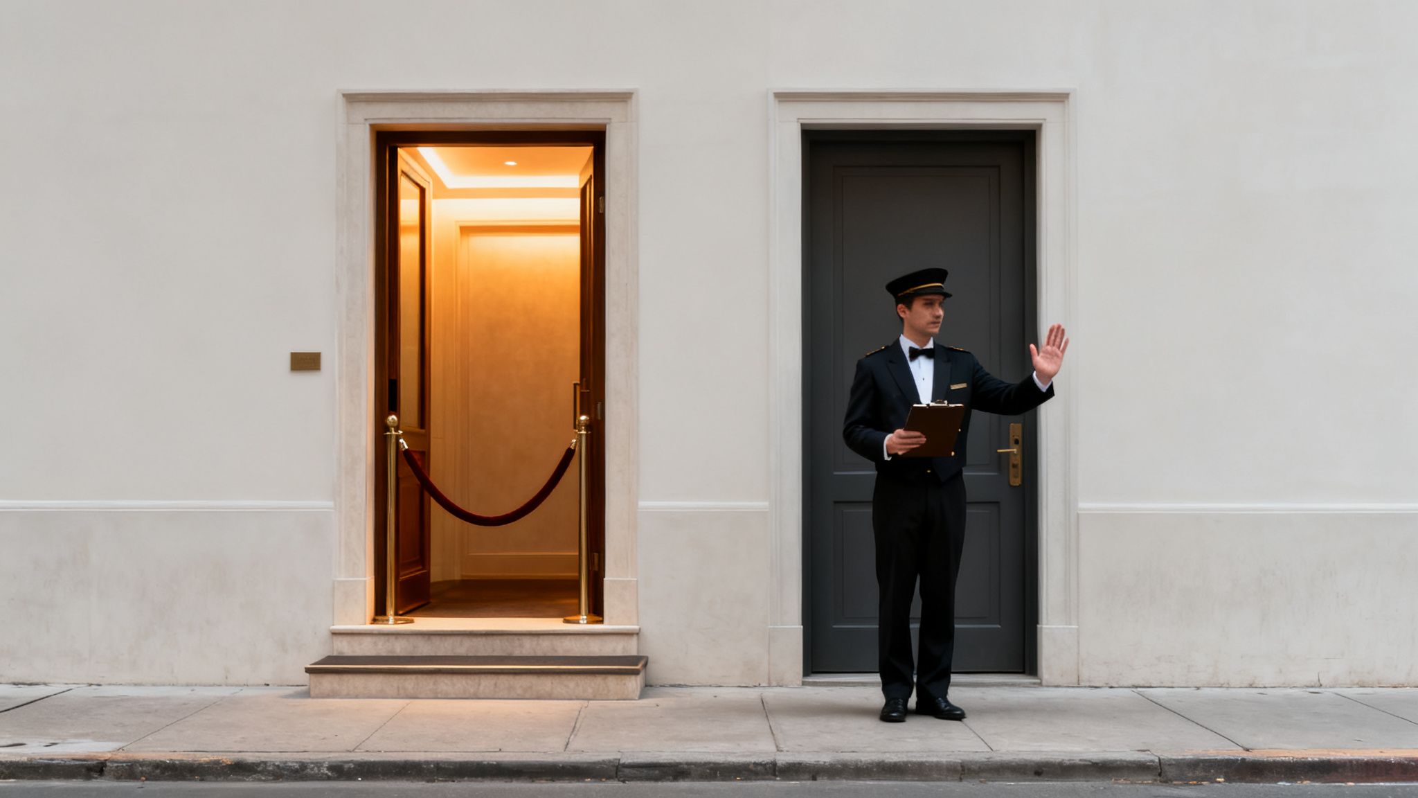 Ein Portier in Uniform steht zwischen einer offenen und einer geschlossenen Tür und hält ein Klemmbrett.