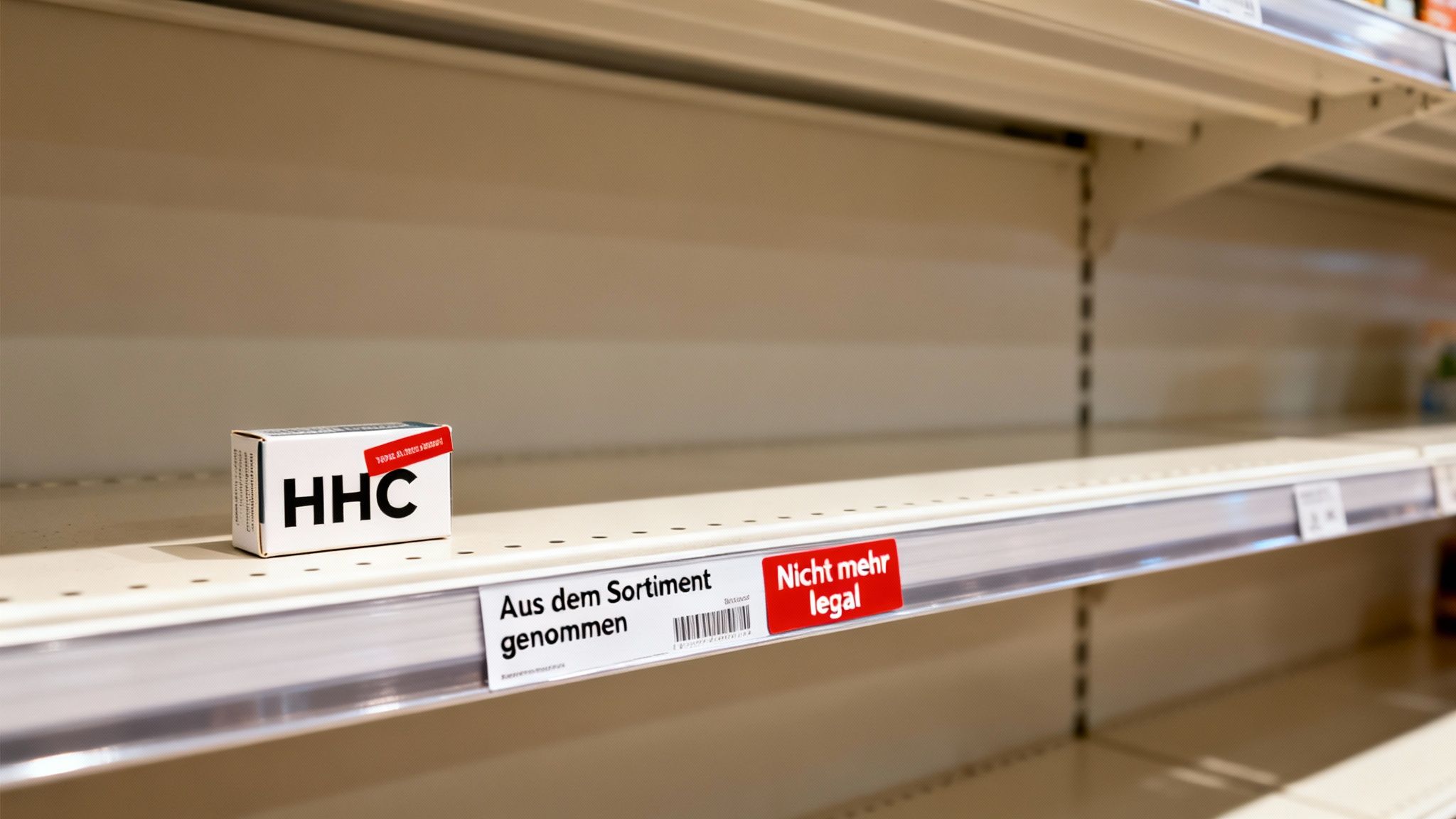 Leeres Supermarktregal mit einer HHC-Packung und Schildern 'Aus dem Sortiment genommen' und 'Nicht mehr legal'.