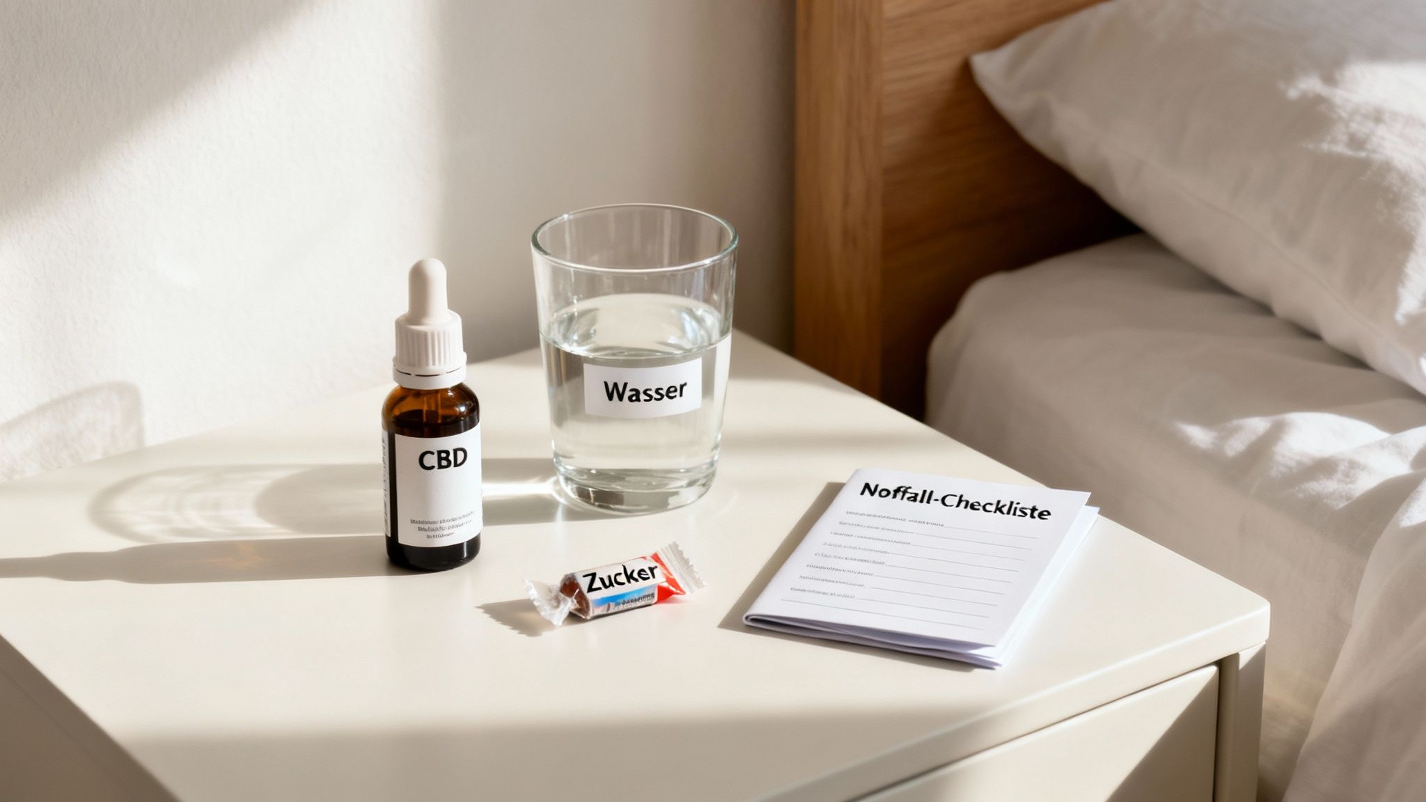 Auf einem Nachttisch stehen CBD-Öl, ein Glas Wasser, ein Bonbon und eine Notfall-Checkliste neben einem Bett.