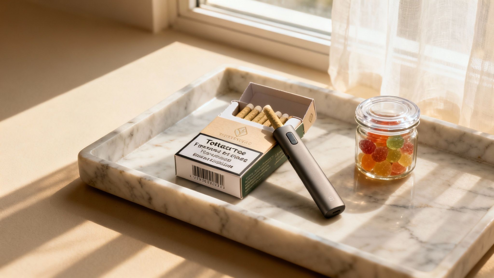 Marmortablett mit einer Packung Tottac Tree Sticks, einem Heizgerät und einem Glas bunter Gummibärchen am Fenster.