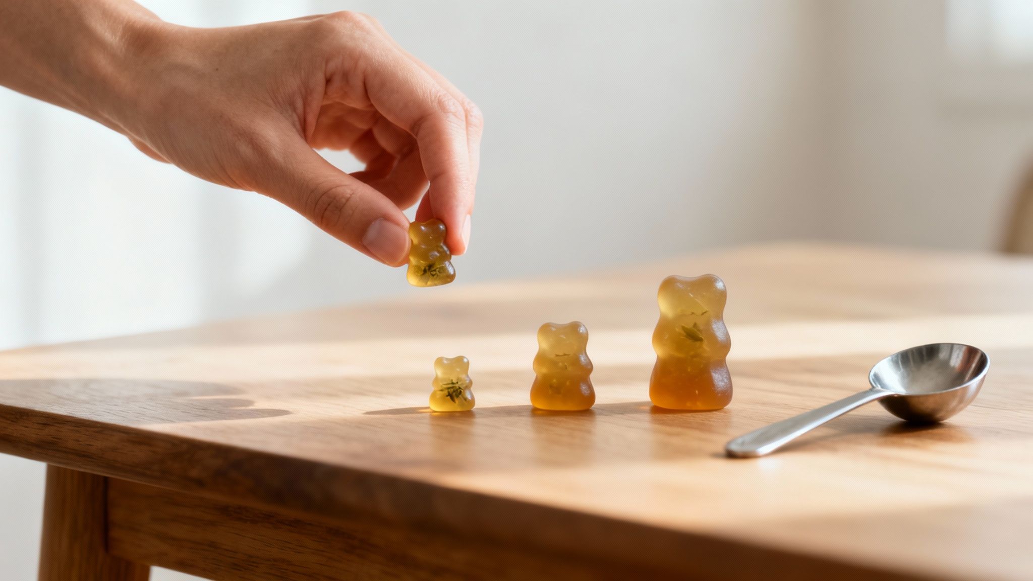 Eine Hand platziert ein kleines Gummibärchen auf einem Holztisch mit drei größen Gummibärchen und einem Löffel.
