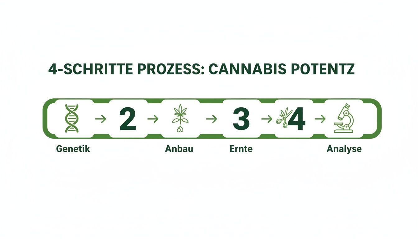 Ein 4-Schritte-Prozess zur Bestimmung der Cannabispotenz, inklusive Genetik, Anbau, Ernte und Analyse.