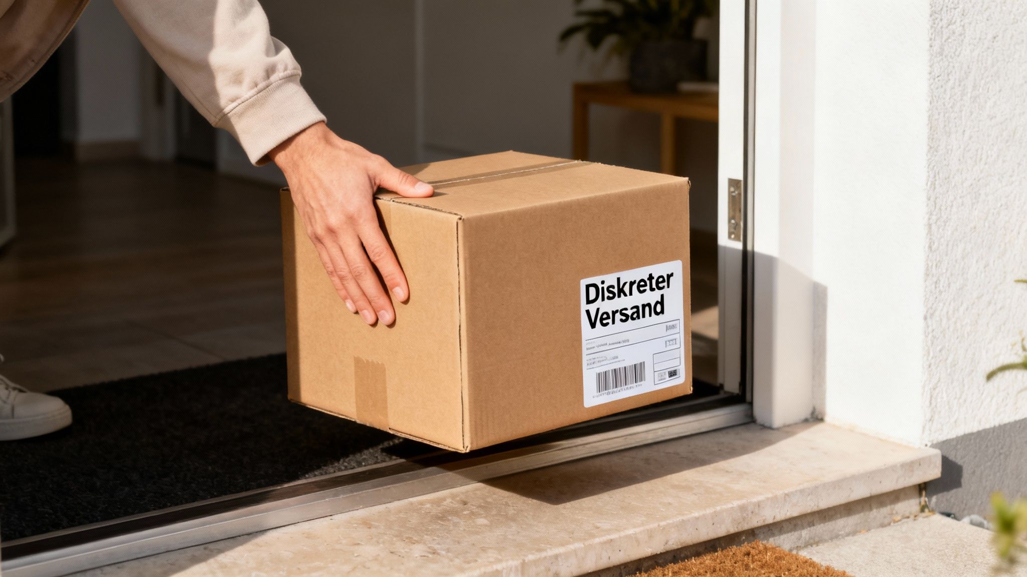 Eine Hand platziert ein braunes Paket mit dem Aufdruck 'Diskreter Versand' auf einer Fußmatte vor einer Haustür.