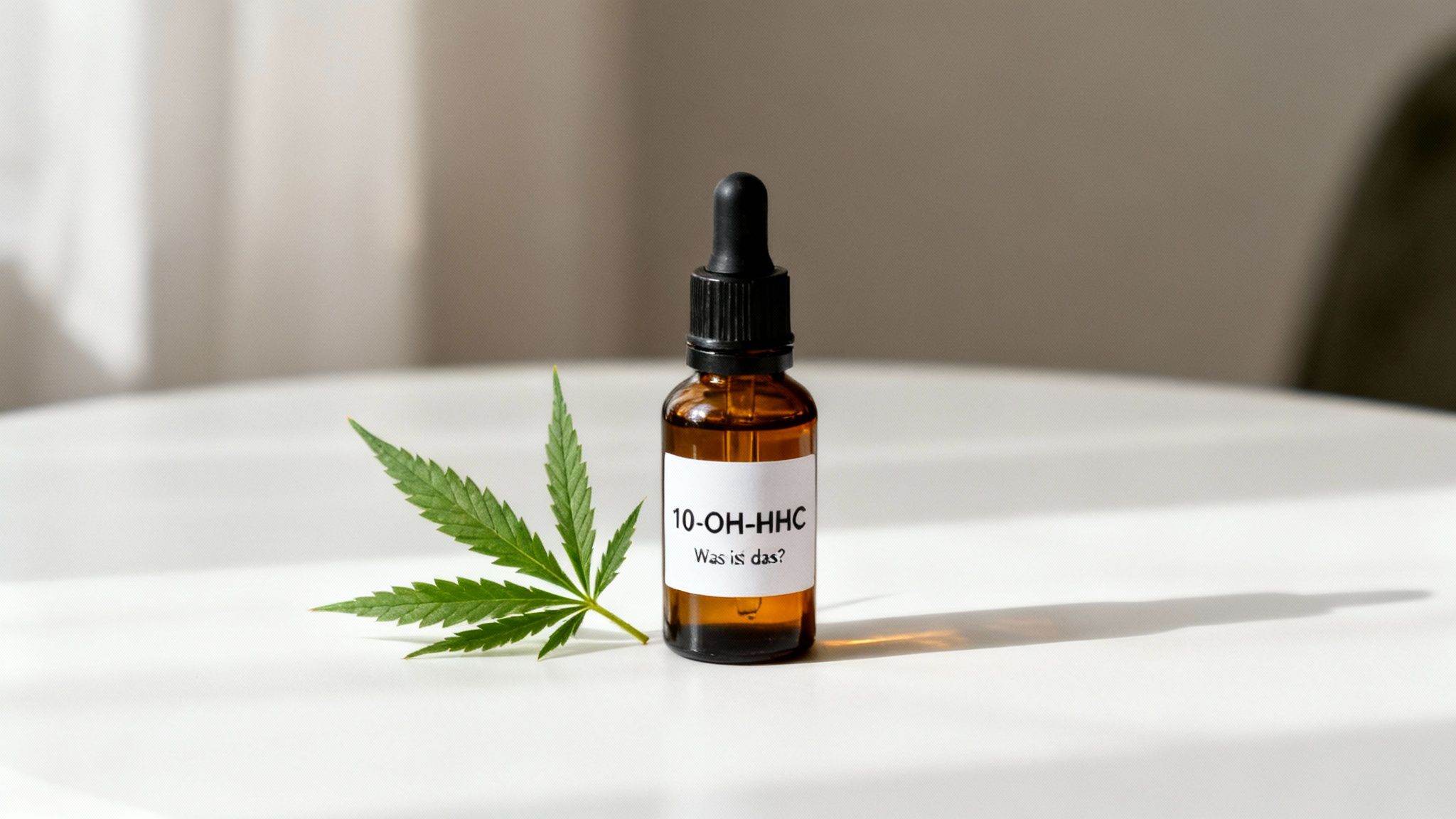 Eine braune Tropfflasche mit der Aufschrift '10-OH-HHC' und ein Cannabisblatt auf weißem Hintergrund.