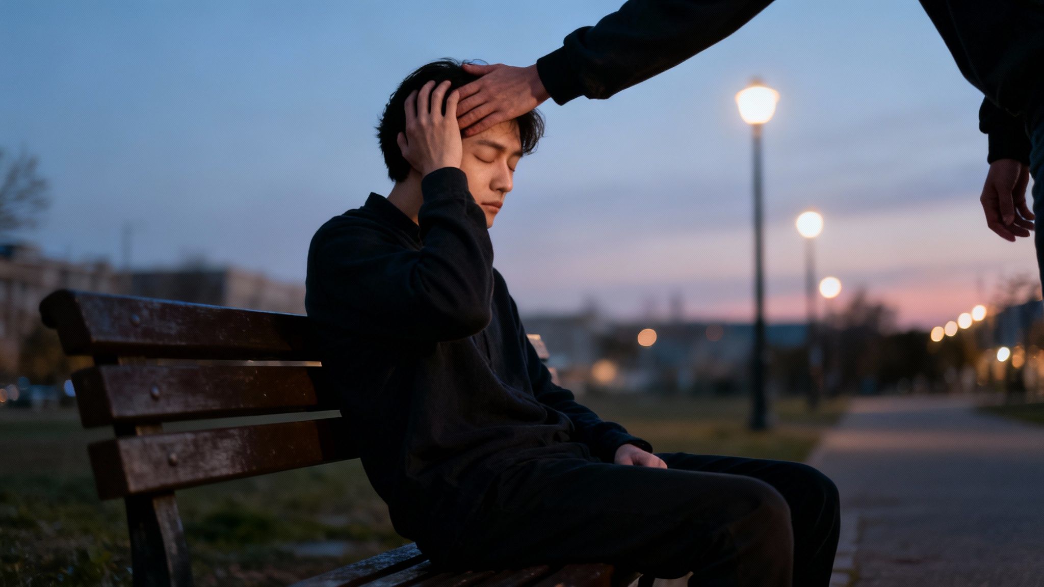 Ein junger Mann sitzt traurig auf einer Parkbank, eine Hand berührt seinen Kopf. Hilfe in der Dämmerung.