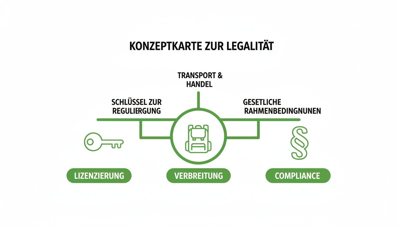 Konzeptkarte zur Legalität, die Aspekte wie Lizenzierung, Transport, Handel und Compliance darstellt.