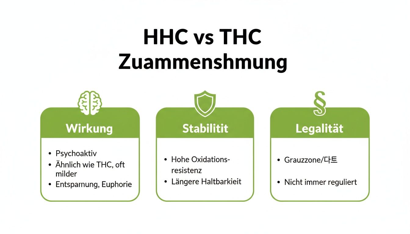 Ein Diagramm, das die Eigenschaften und Unterschiede von HHC und THC bezüglich Wirkung, Stabilität und Legalität darstellt.