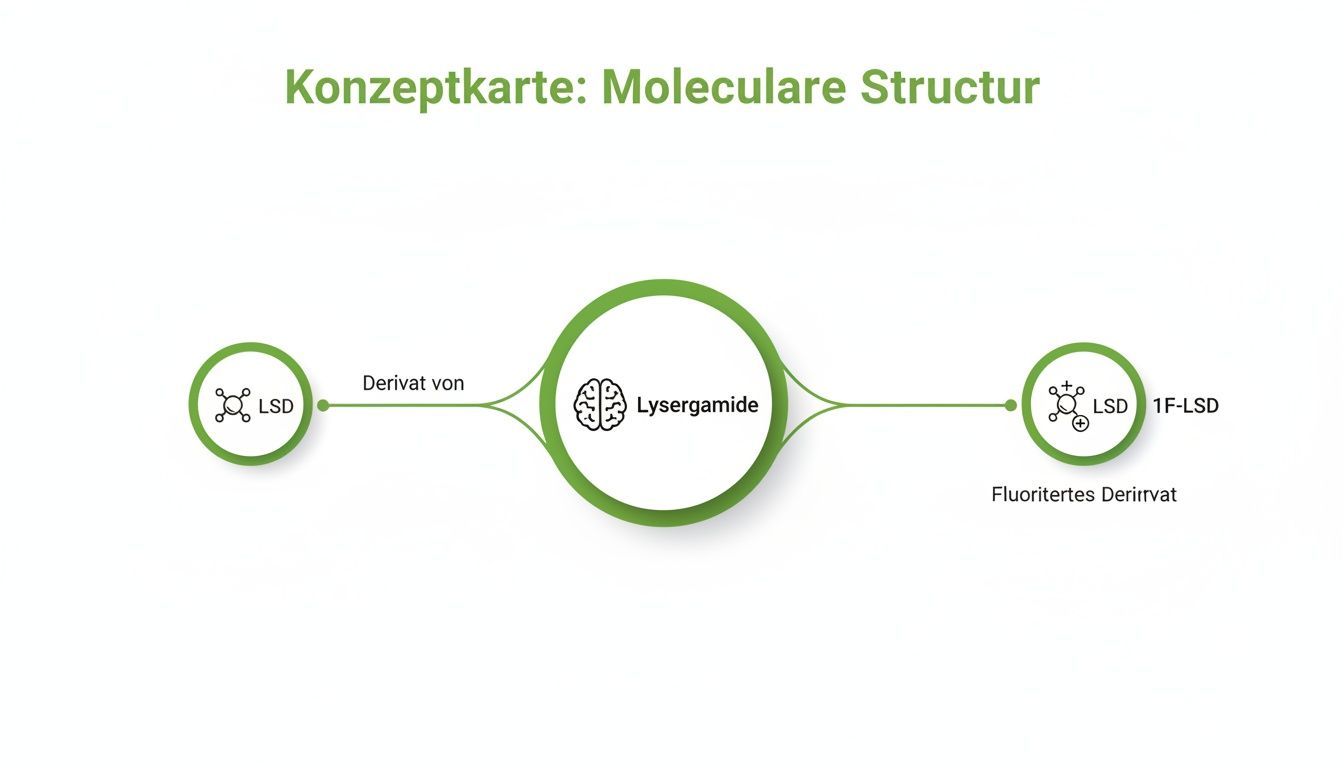 Konzeptkarte zeigt die molekulare Strukturbeziehung zwischen LSD, Lysergsäureamid und 1F-LSD, einschließlich deren Derivat-Verbindungen.