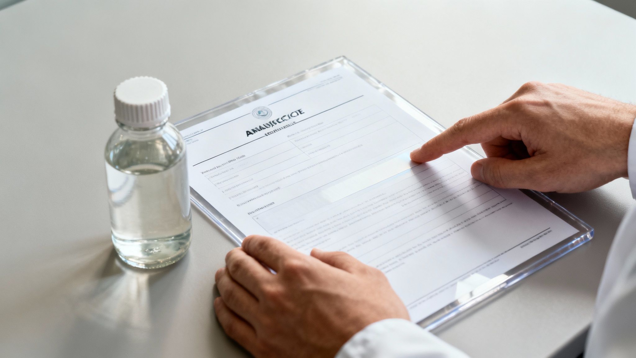 Eine Person im Laborkittel zeigt auf einen Analysebericht neben einer Flüssigkeitsflasche auf einem Tisch.