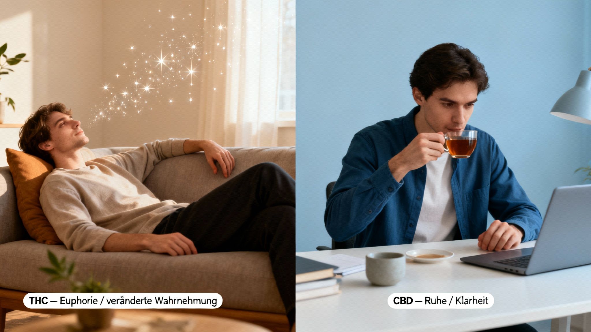 Mann entspannt auf Sofa mit THC-Effekten; Mann trinkt Tee am Laptop für CBD-Klarheit.