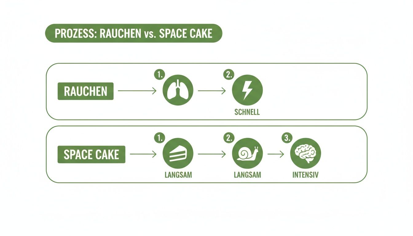 Infografik vergleicht die Wirkungsweise von Rauchen (schnell) und Space Cake (langsam, intensiv) auf den Körper.