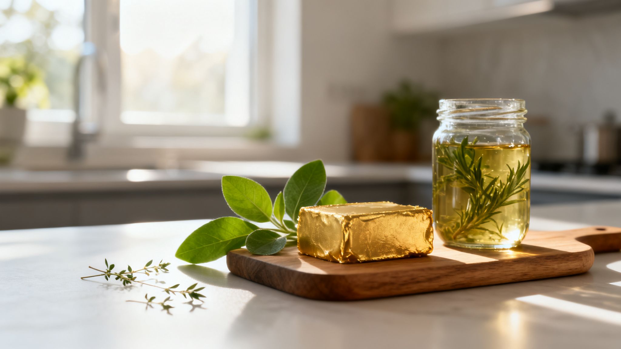 Goldverpackte Butter, frische Kräuter (Salbei, Rosmarin, Thymian) und Öl auf einem Holzbrett in der Küche.