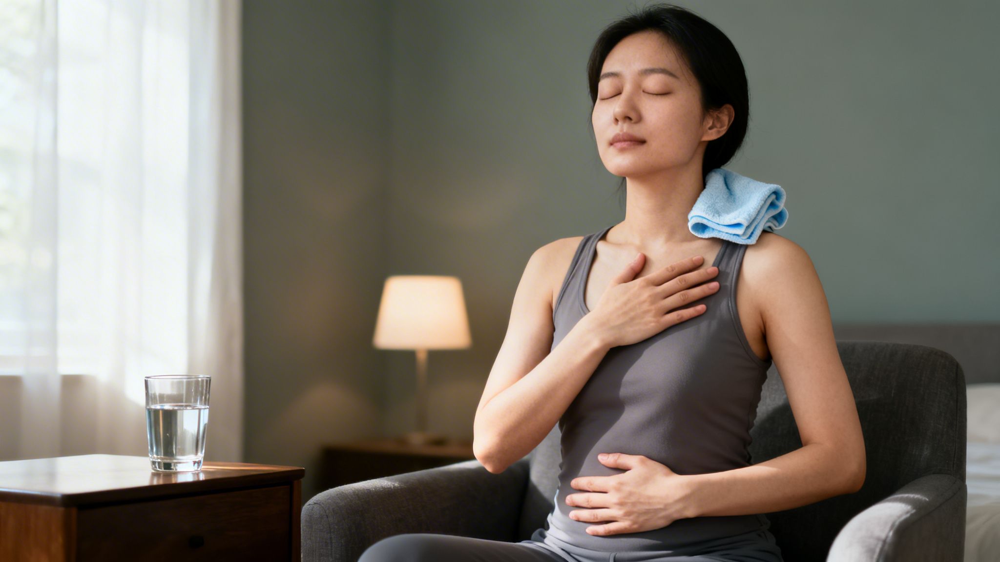 Ruhige Frau mit Händen auf Brust und Bauch, Handtuch auf Schulter, übt achtsames Atmen.
