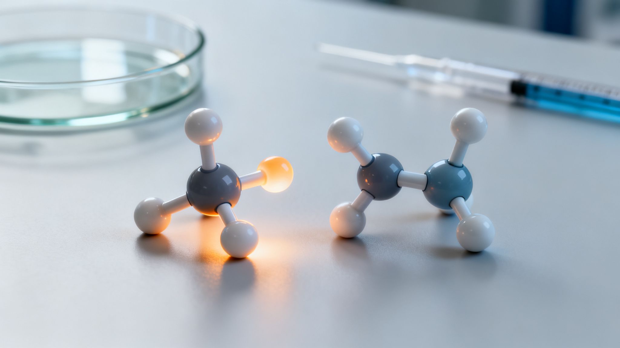 Zwei Molekülmodelle, eines mit leuchtendem Atom, eine Petrischale und eine Spritze im Labor.