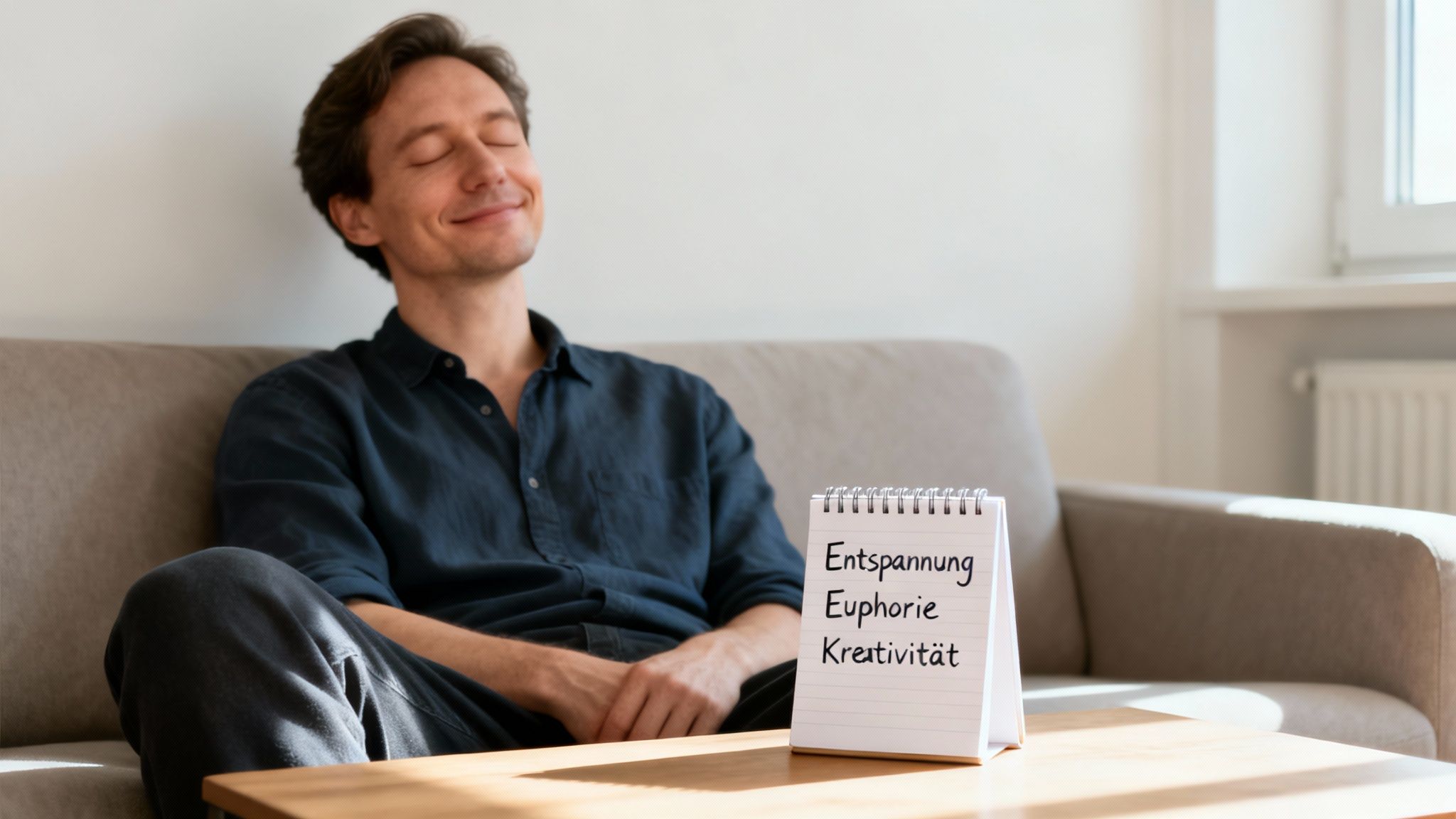Šťastný muž odpočívá se zavřenýma očima na pohovce. V zápisníku jsou uvedeny slova relaxace, euforie a kreativita.