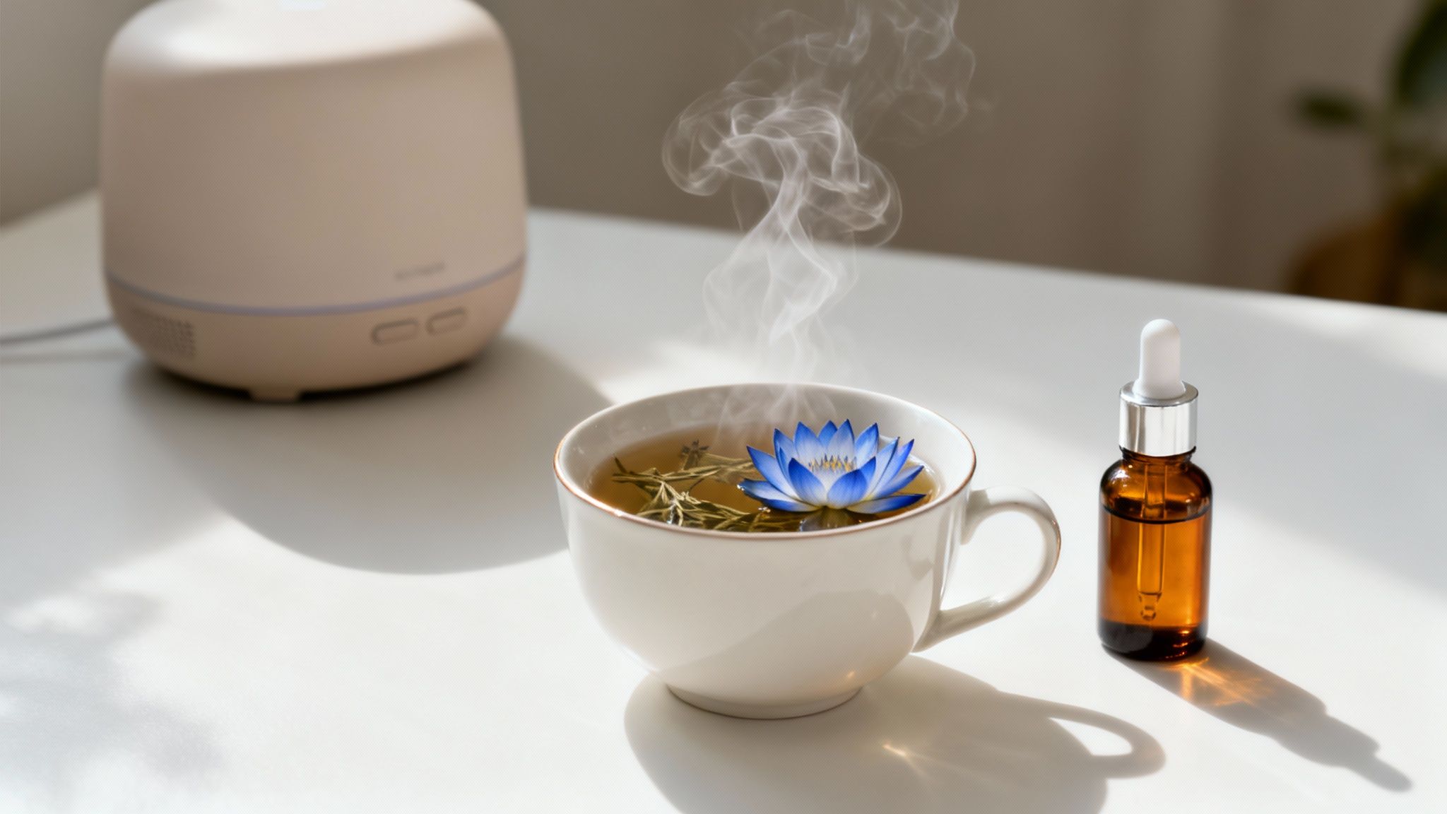 Dampfende Teetasse mit blauer Lotusblüte und Rosmarin, daneben ein ätherisches Öl und Diffusor.