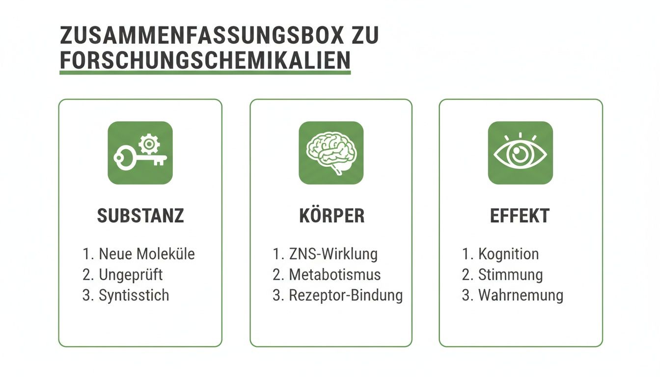 Übersicht über Forschungschemikalien, inklusive Substanz, Körperwirkung und psychologischen Effekten.