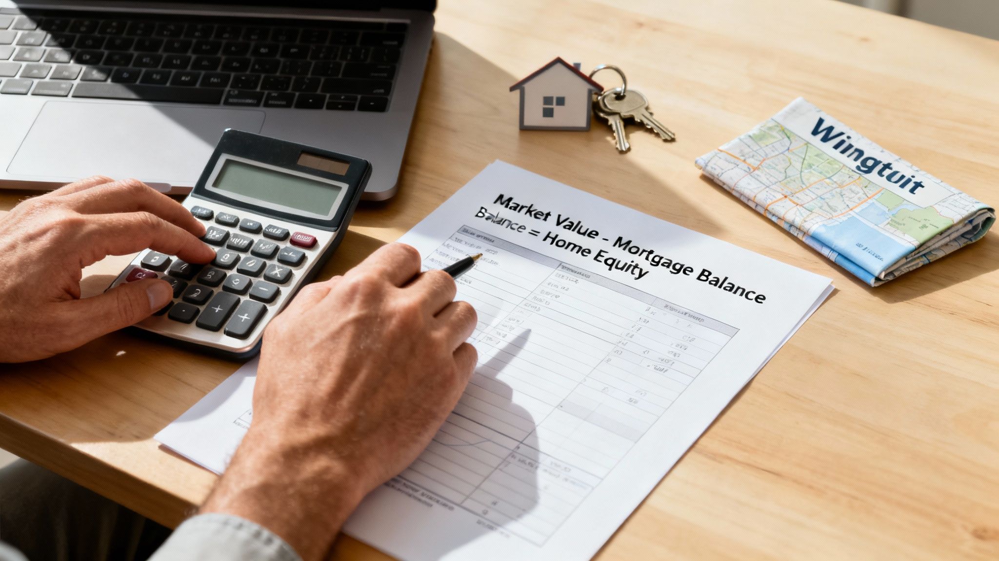 A calculator and house keys on a wooden table, illustrating the simple math behind home equity.