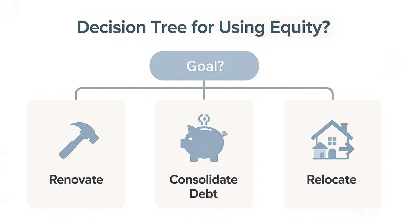 An infographic decision tree showing the different goals for using home equity, such as renovations, debt consolidation, and relocation.