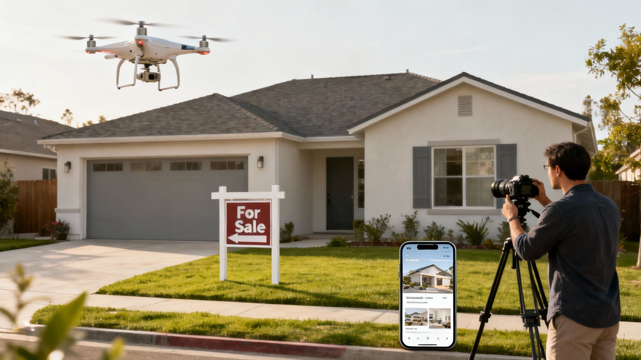 Real estate photographer using drone and camera to capture professional photos of house for sale