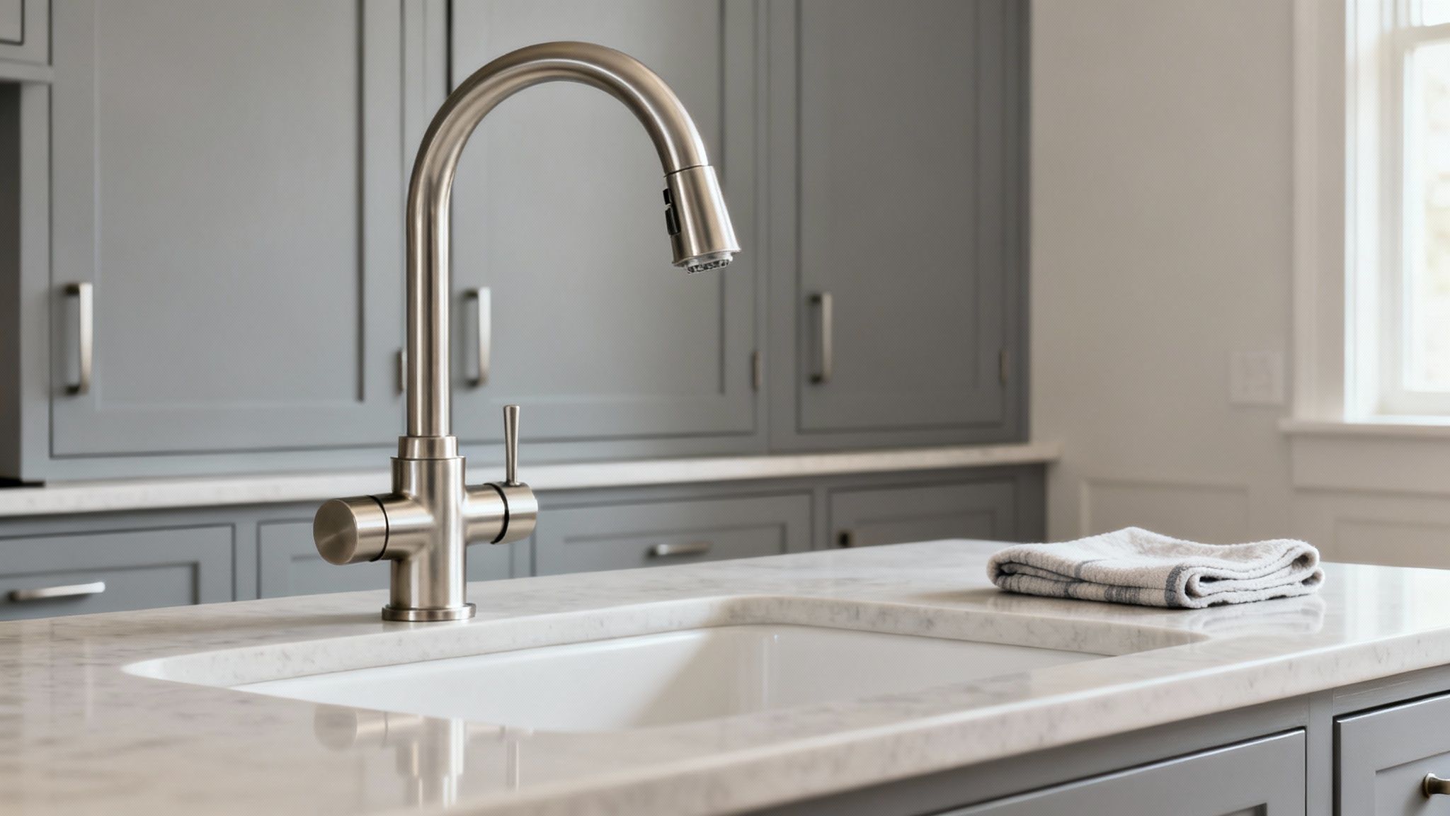 A modern, renovated kitchen with neutral colours, highlighting smart upgrades for a home sale.