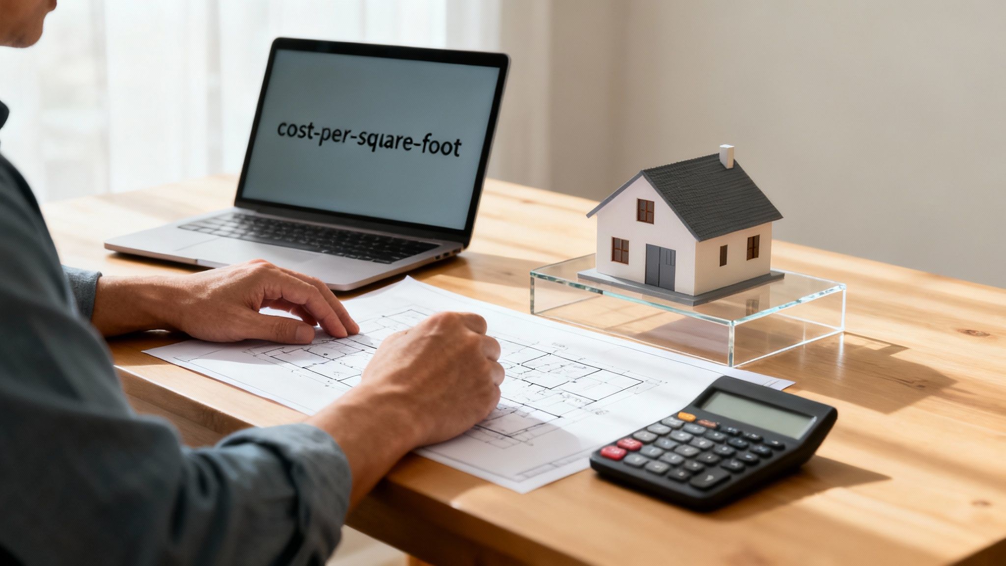 Blueprint and construction tools on a wooden table