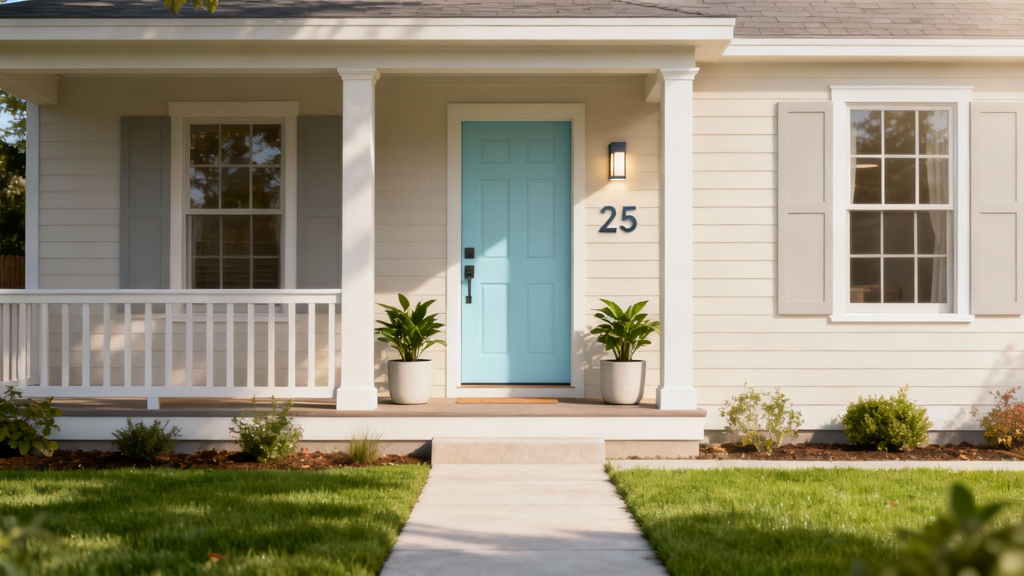 A welcoming front porch of a home with excellent curb appeal, featuring a brightly painted door, potted plants, and clean siding.