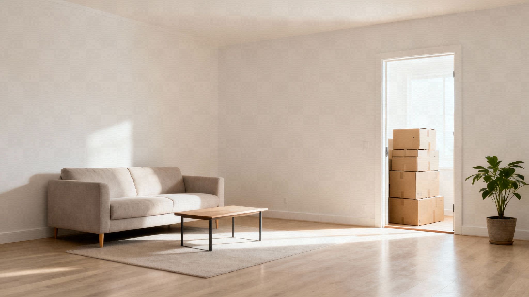 A neatly organized and decluttered living room with neutral decor, ready for a home sale.