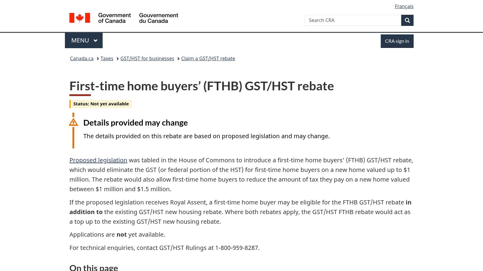 Department of Finance / CRA – First‑Time Home Buyers’ GST/HST Rebate