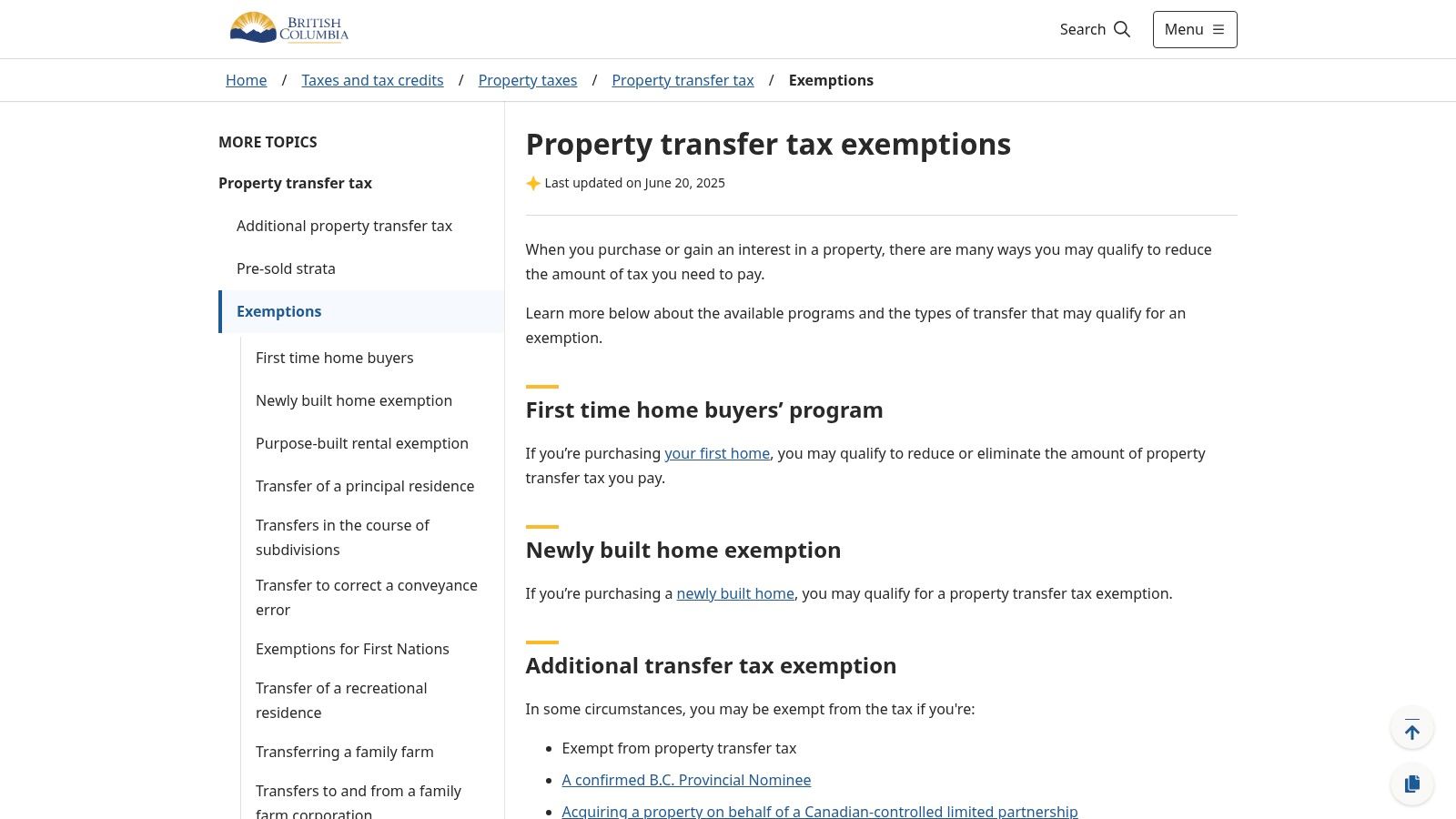 Province of British Columbia – Property Transfer Tax (PTT) Exemptions (First Time Home Buyers’ Program)