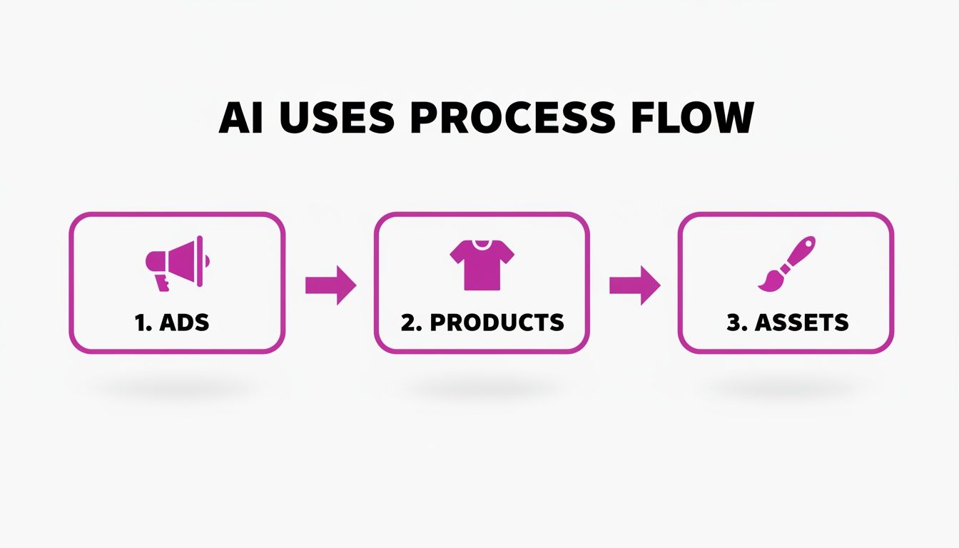 Diagram illustrating the AI process flow for creating ads, products, and creative assets.