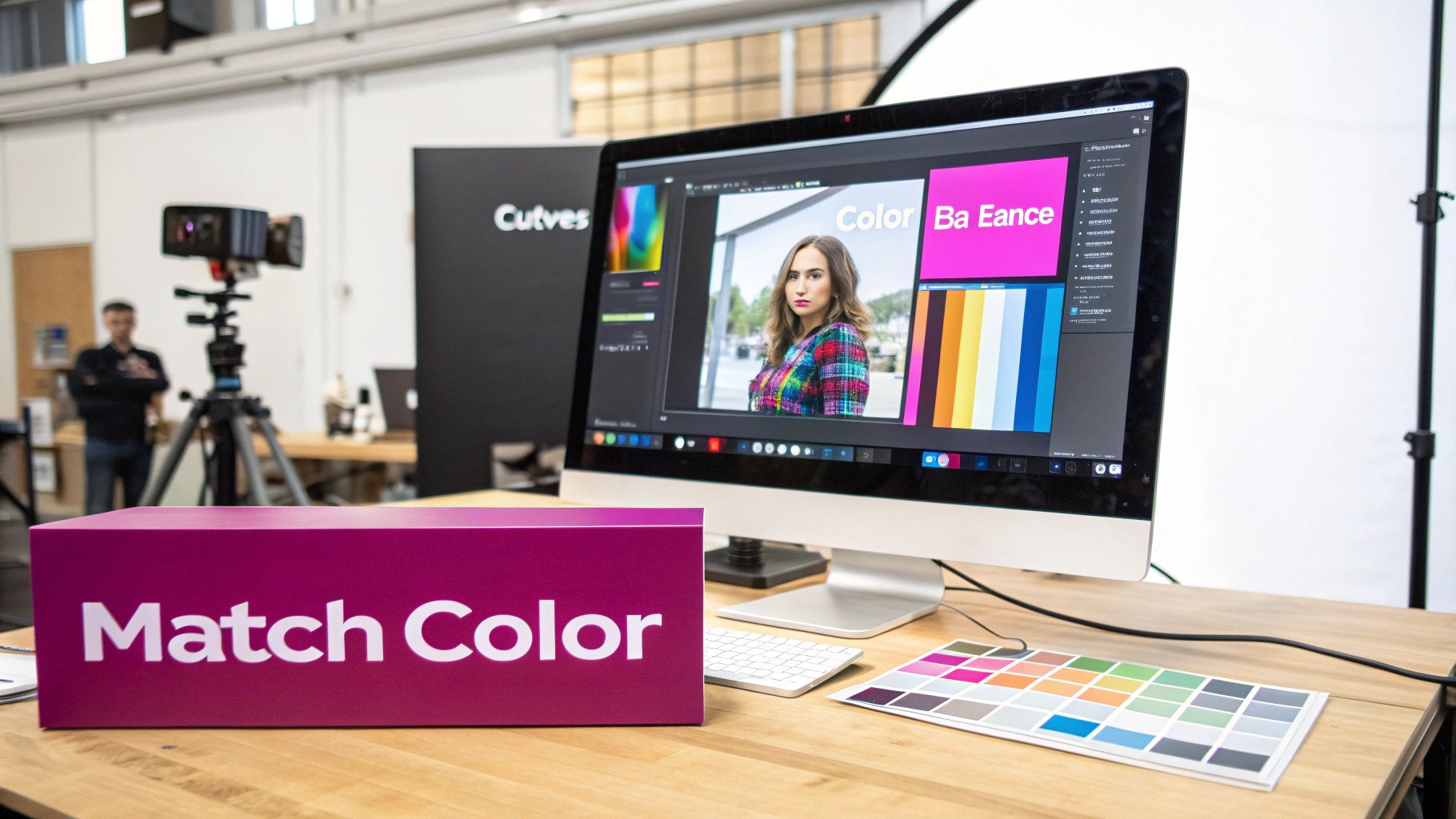 A professional photo editing workspace with a monitor displaying color correction, a 'Match Color' box, and color swatches.