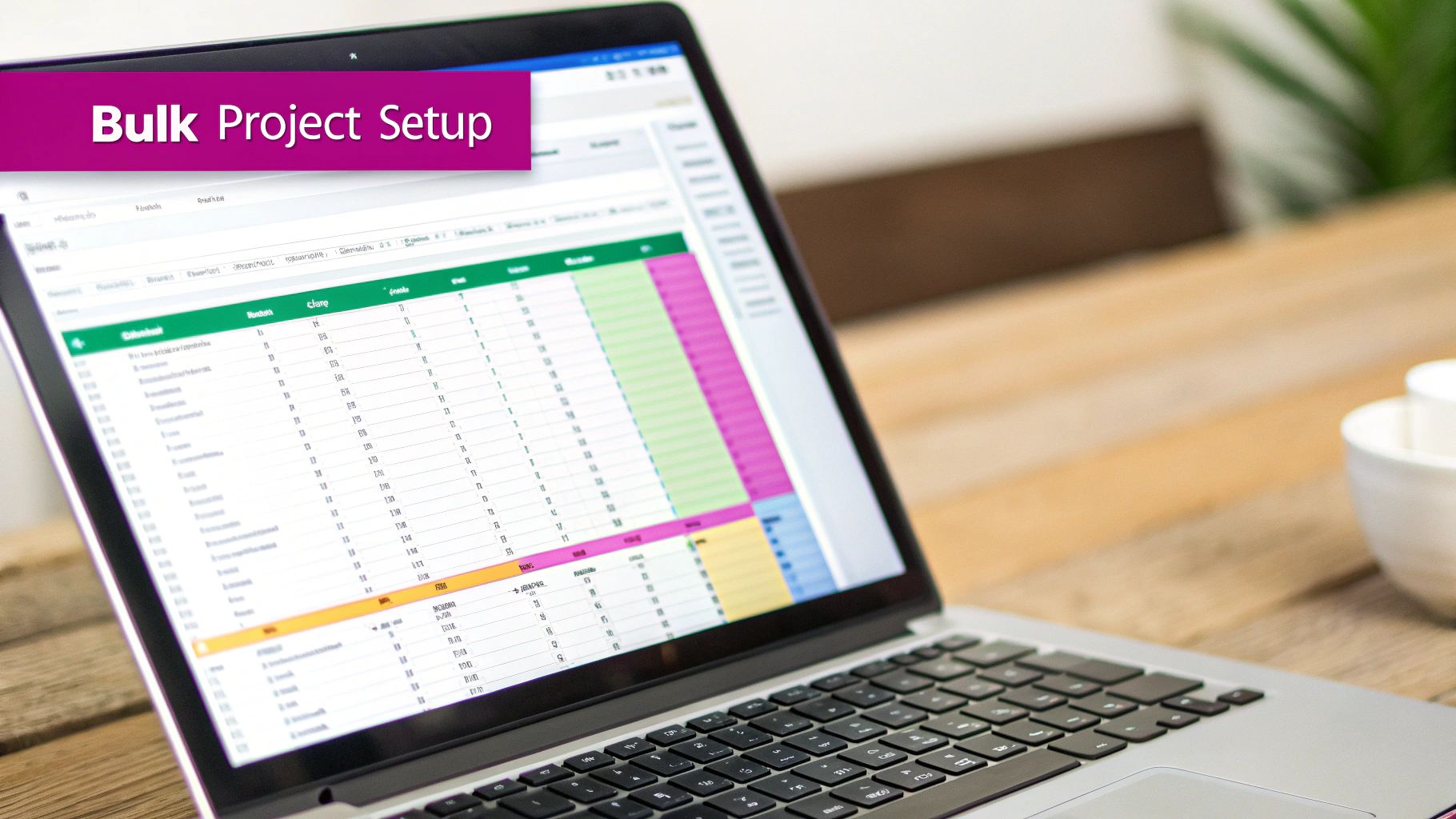 A workspace showing a spreadsheet on one screen and a gallery of AI-generated images on another, illustrating the bulk generation process.